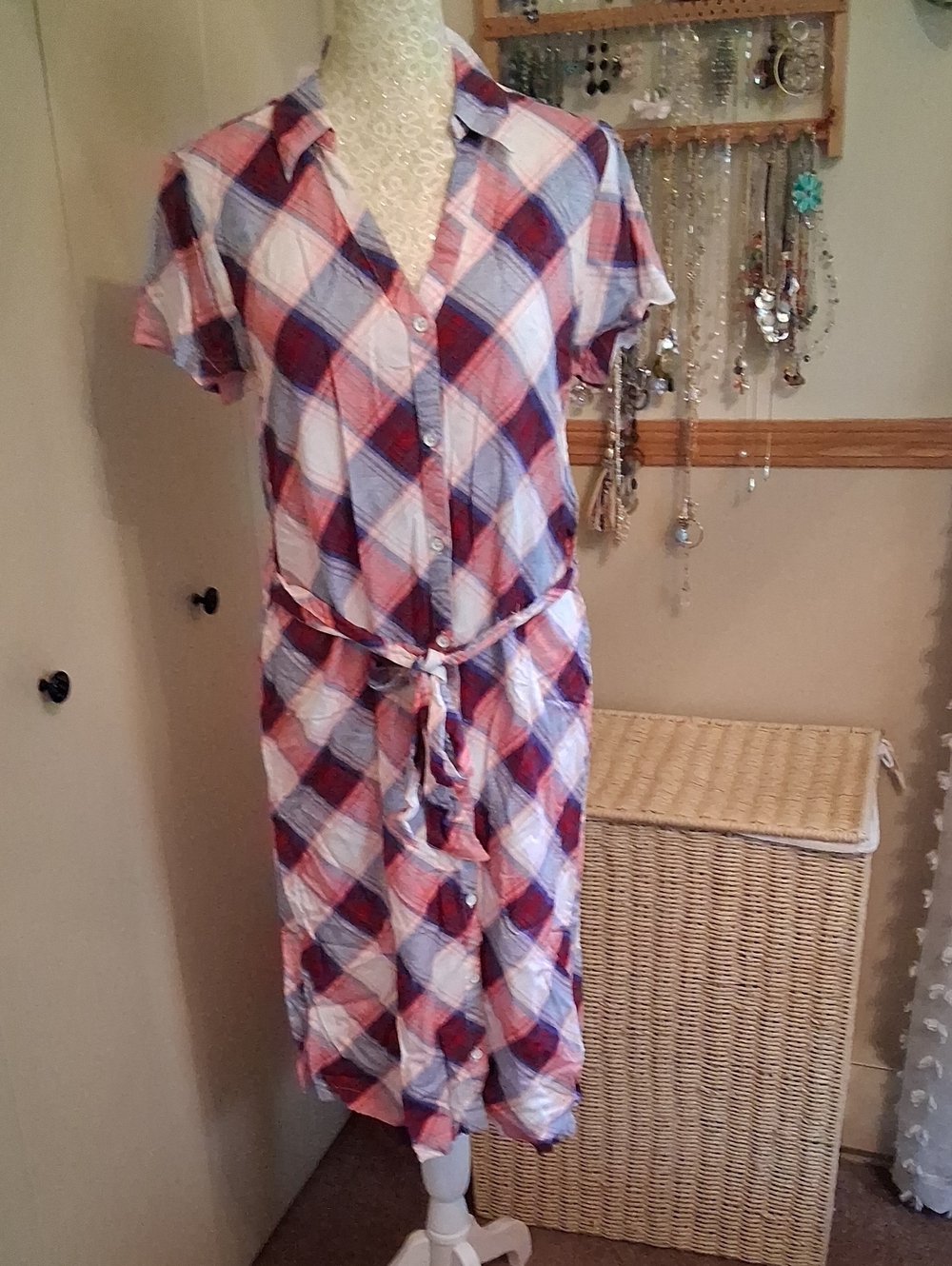 Rock & Republic Plaid Button-Front Shirt Dress in Red, Blue & White. Sz S